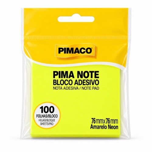 Bloco Adesivo Pima Note Amarelo Neon 76x76mm 100 Folhas Pimaco