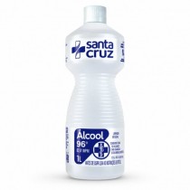 Álcool Líquido Etílico 92,8% Santa Cruz 1L para limpeza de uso geral em embalagem branca com rótulo azul