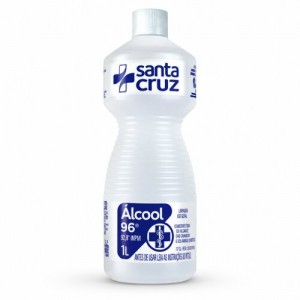 Álcool Líquido Etílico 92,8% Santa Cruz 1L para limpeza de uso geral em embalagem branca com rótulo azul